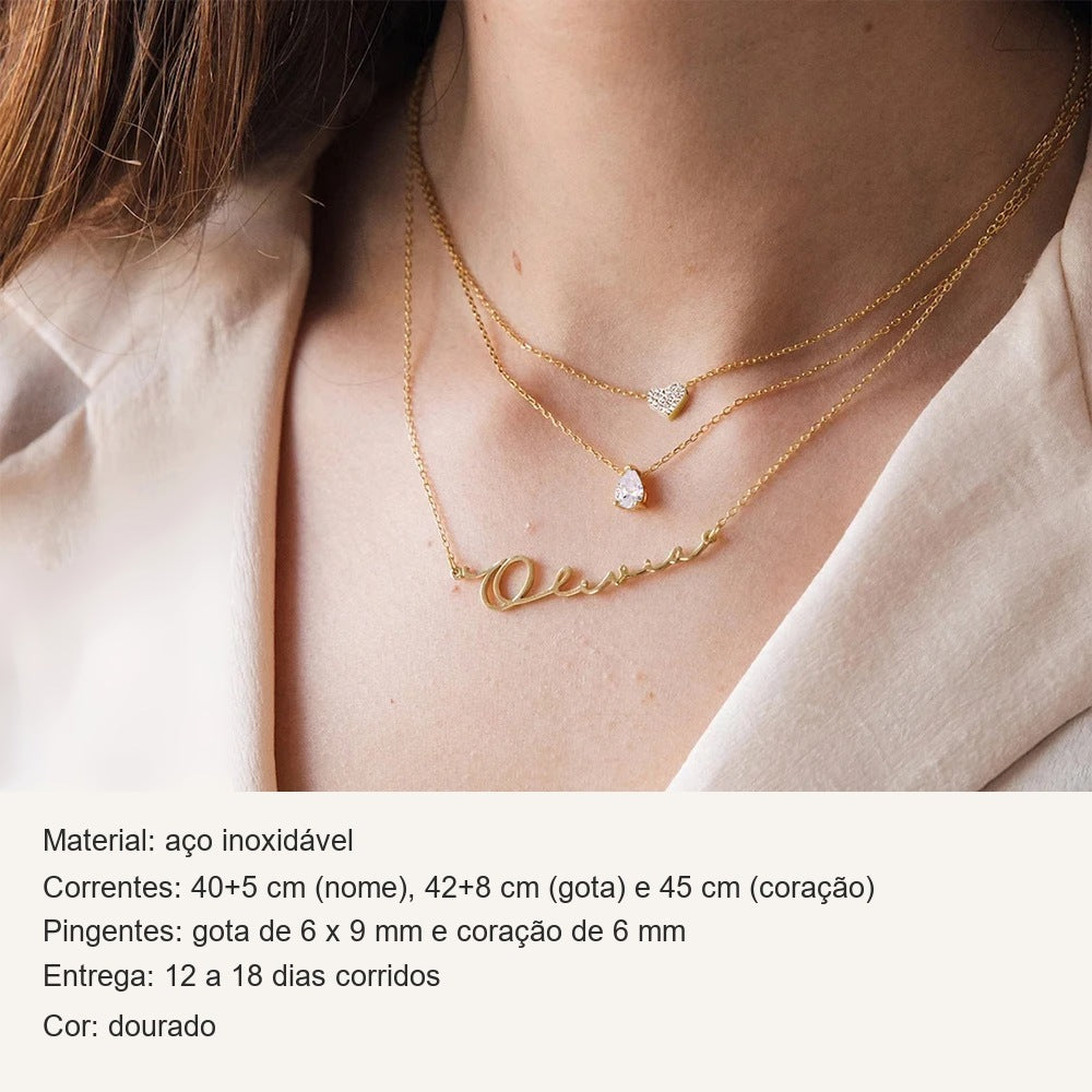 Medidas do kit 3 colares com nome: correntes de 40+5, 42+8 e 45 cm, gota de 6 x 9 mm e coração de 6 mm
