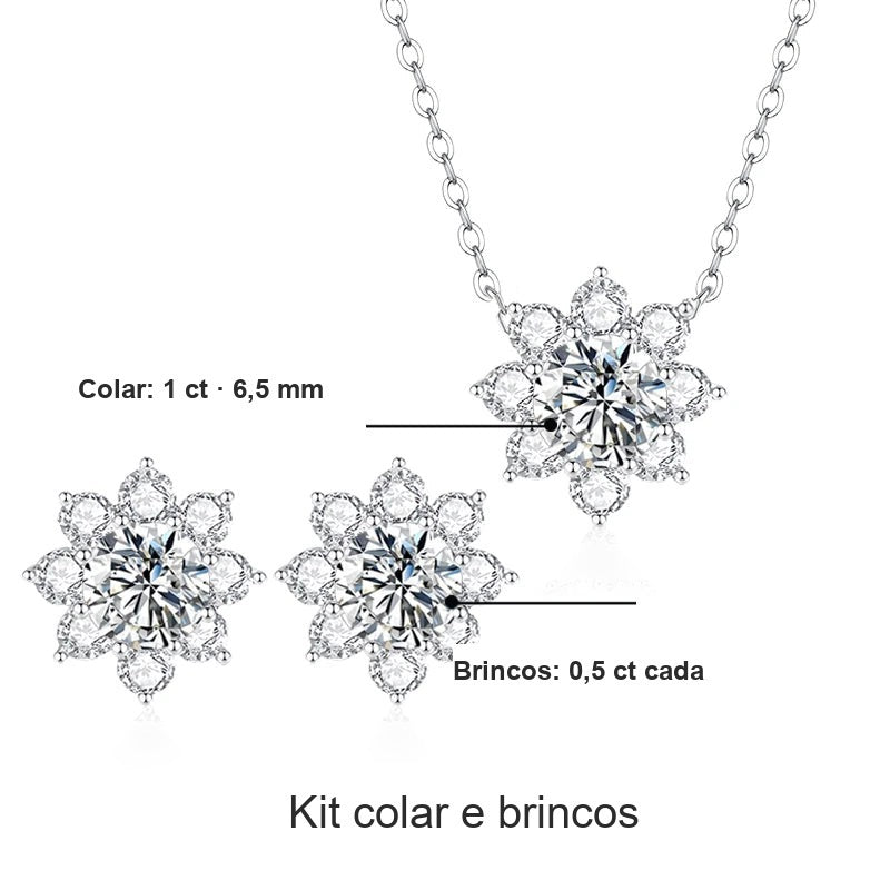 Medidas do kit flor: colar com moissanite de 1 ct e 6,5 mm e brincos de 0,5 ct cada