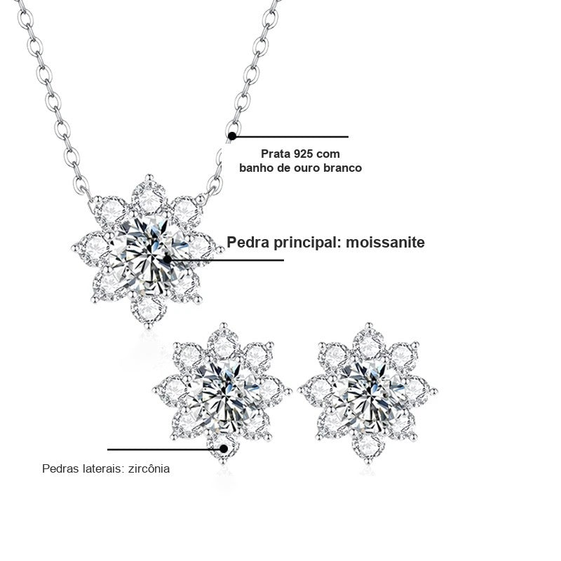Materiais do kit colar e brinco flor: moissanite, zircônias e prata 925 com banho de ouro branco