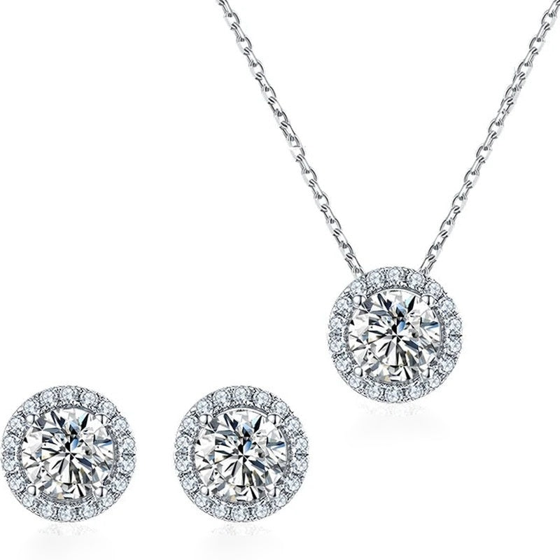 Kit colar e brinco halo de moissanite 1 ct em prata 925