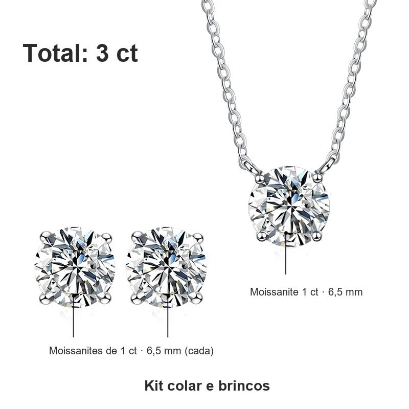 Medidas do kit colar e brinco ponto de luz na versão total 3 ct: moissanites de 1 ct e 6,5 mm