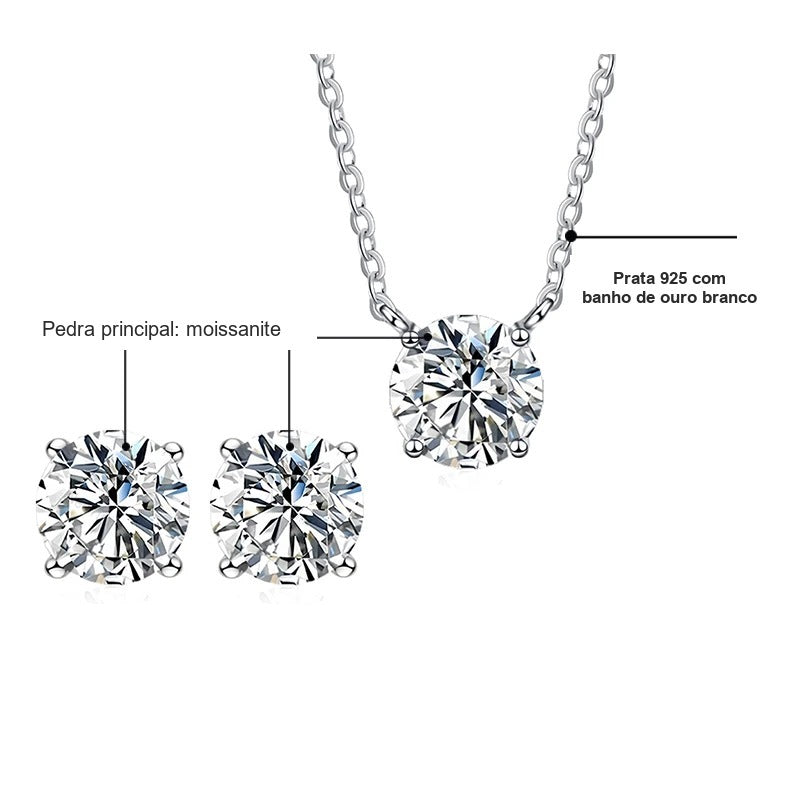 Materiais do kit colar e brinco ponto de luz: moissanite e prata 925 com banho de ouro branco