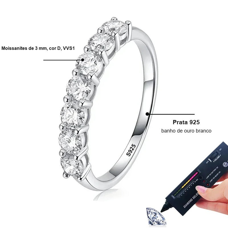 Detalhes da meia aliança: moissanites de 3 mm cor D VVS1 em prata 925 com banho de ouro branco
