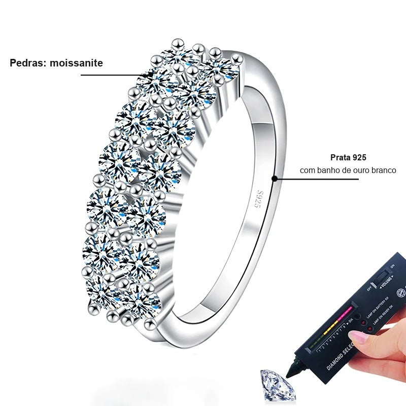 Detalhes da meia aliança dupla de moissanite em prata 925 com banho de ouro branco