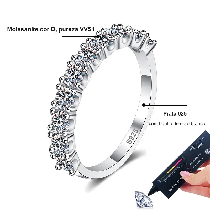 Detalhes da meia aliança de 10 moissanites cor D, pureza VVS1, em prata 925