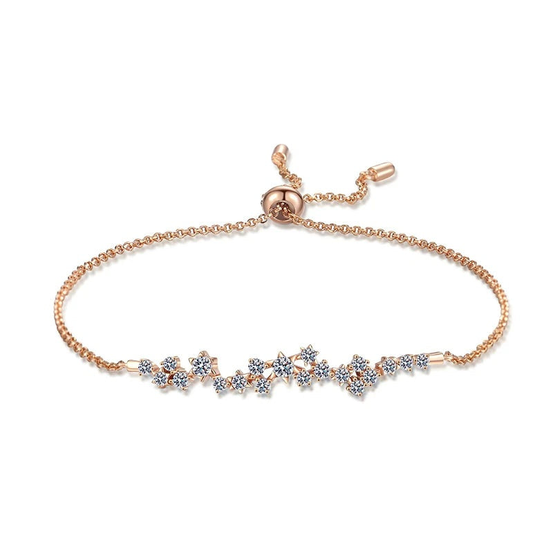 Pulseira ajustável com ramo de moissanites em prata 925 ouro rosé