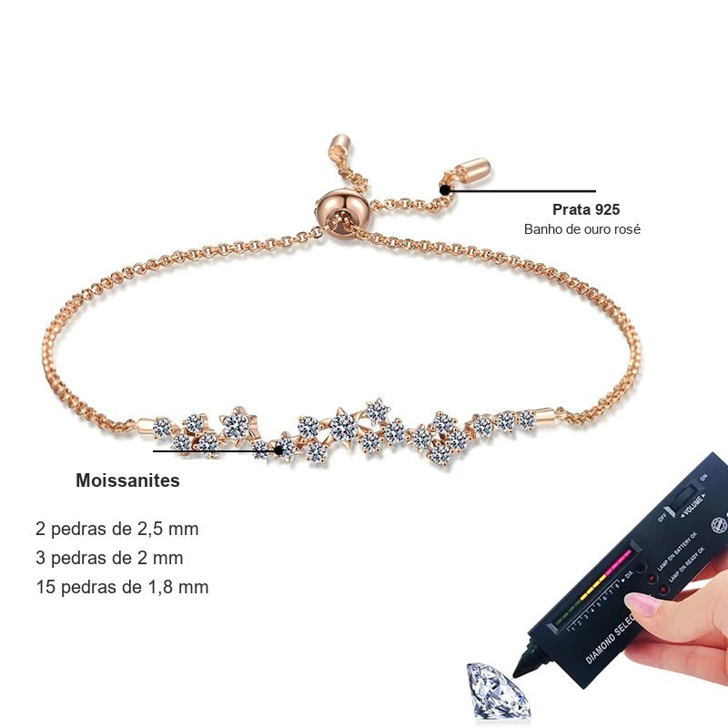 Pulseira ramo de moissanites: prata 925 com banho de ouro rosé e 20 pedras de 1,8 a 2,5 mm