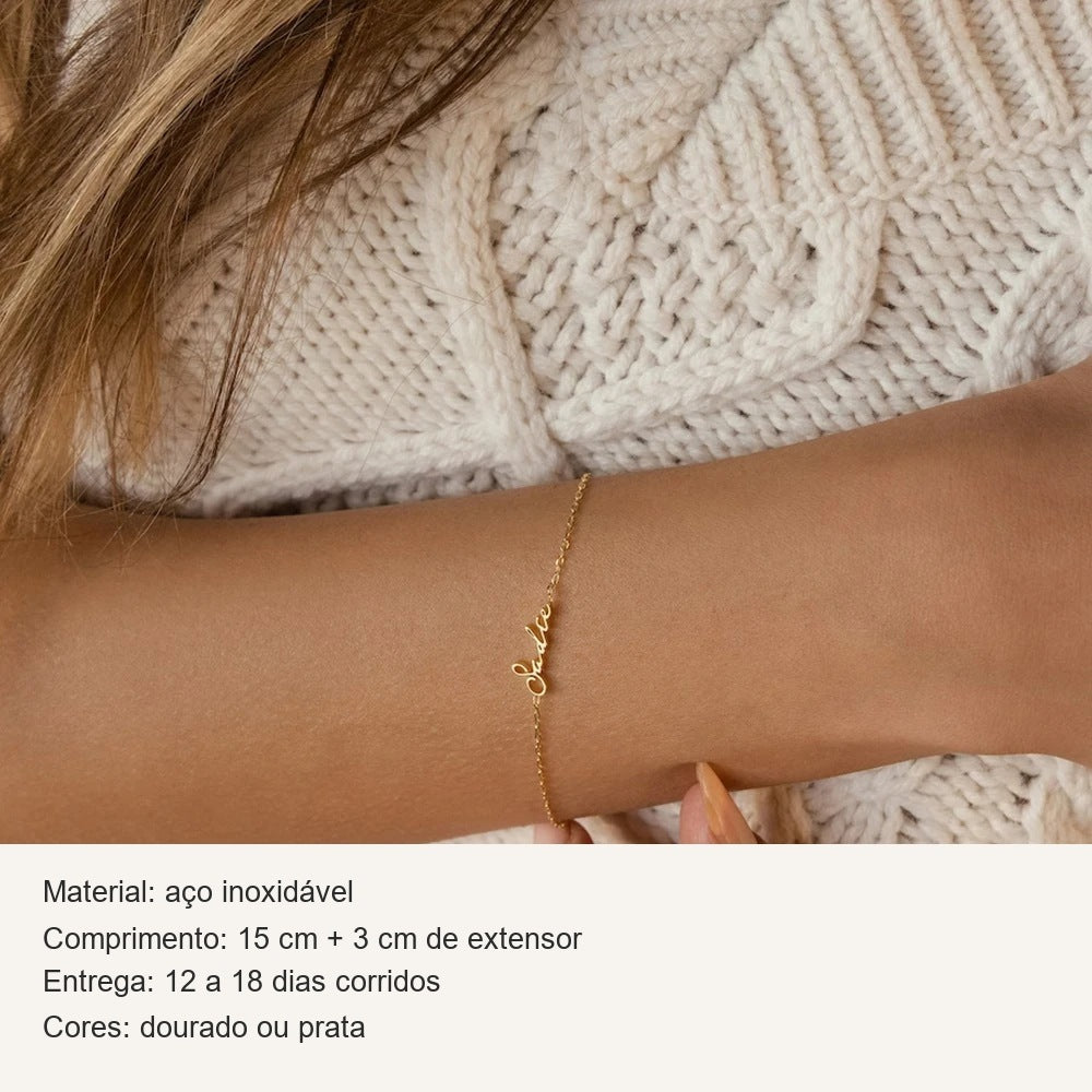 Ficha da pulseira com nome: aço inoxidável, 15 cm + 3 cm de extensor, dourado ou prata