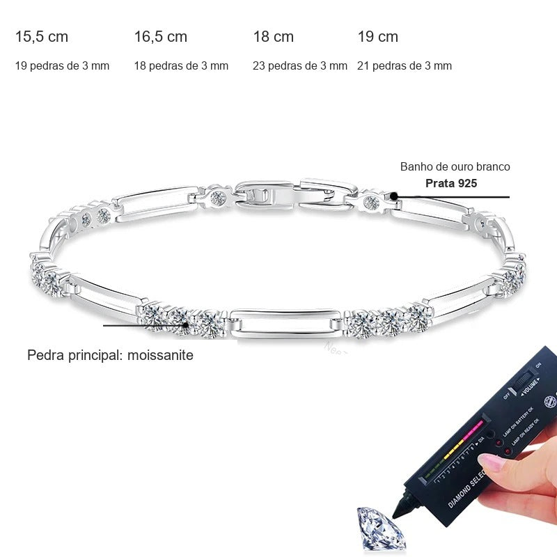 Tamanhos da pulseira de elos vazados: 15,5 a 19 cm e quantidade de moissanites de 3 mm em cada