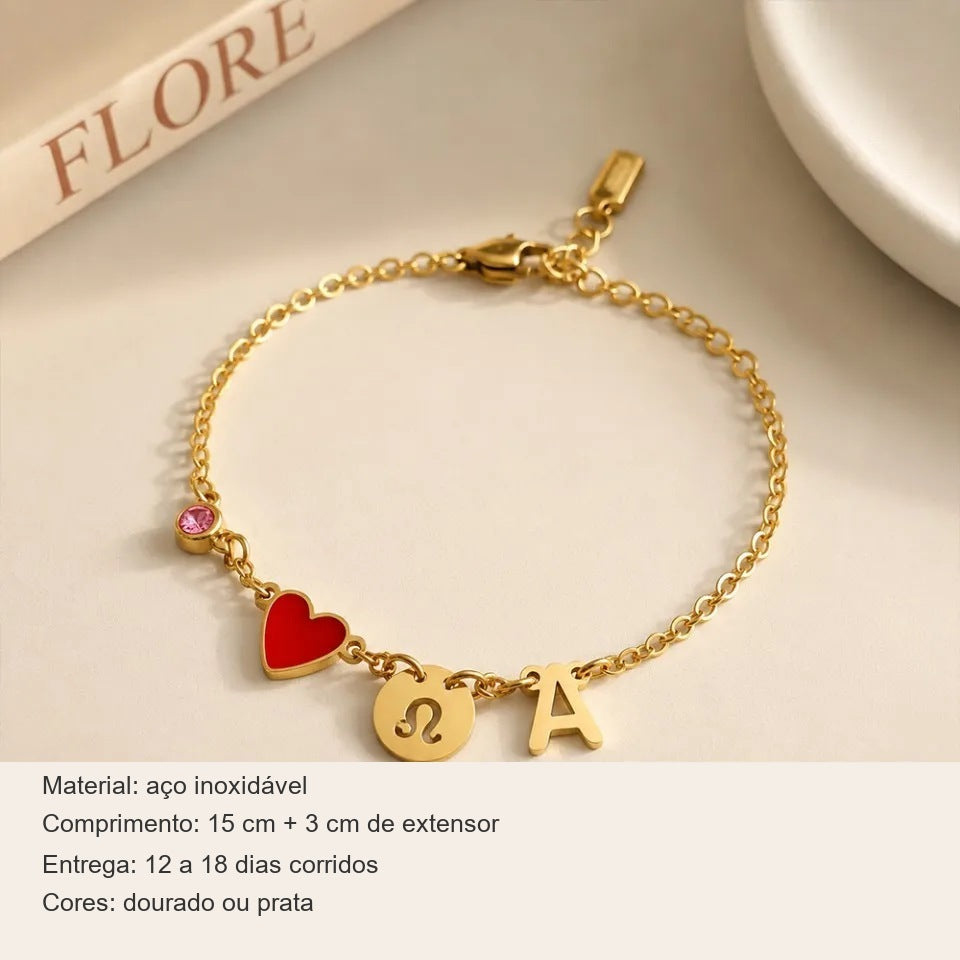 Pulseira dourada com coração, pedra do mês, signo e inicial: aço inoxidável, 15 cm + 3 cm de extensor