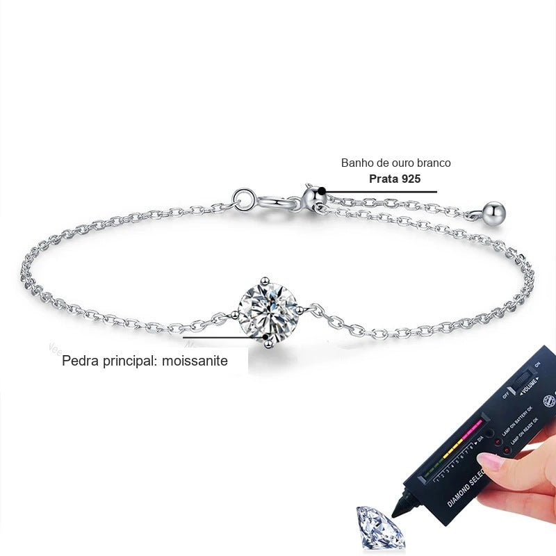 Pulseira ponto de luz: pedra principal moissanite, prata 925 com banho de ouro branco