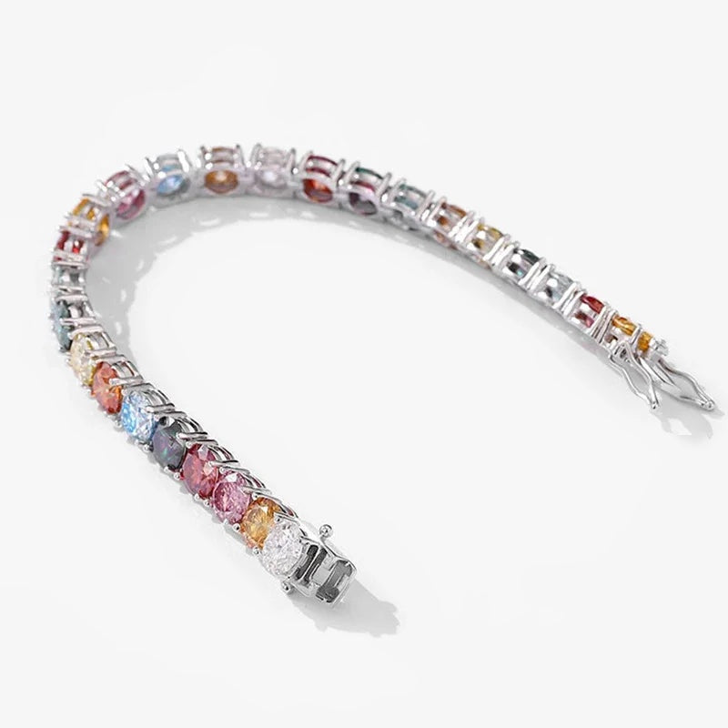 Pulseira riviera arco-íris de moissanite colorida em prata 925 aberta mostrando o fecho