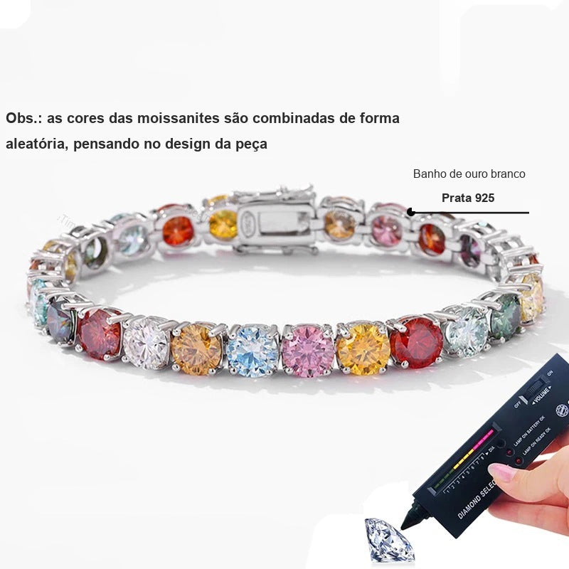 Pulseira riviera arco-íris: moissanites coloridas em combinação aleatória, prata 925 com banho de ouro branco