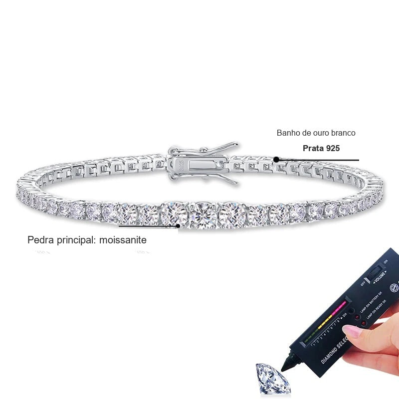 Pulseira riviera degradê: pedra principal moissanite, prata 925 com banho de ouro branco