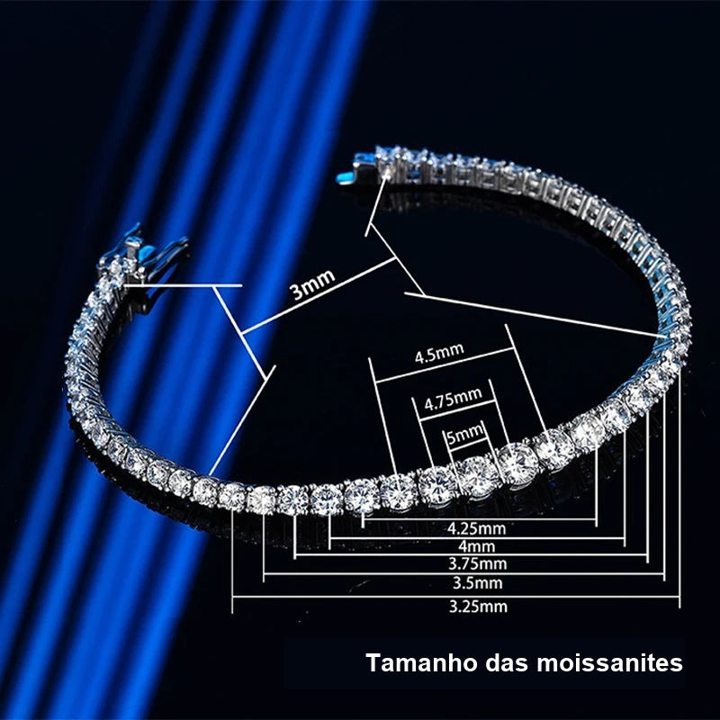 Medidas das moissanites da pulseira degradê, de 3 mm a 5 mm