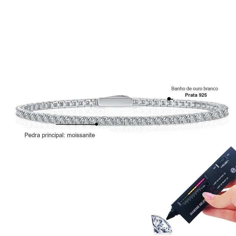 Pulseira riviera fina: pedra principal moissanite, prata 925 com banho de ouro branco