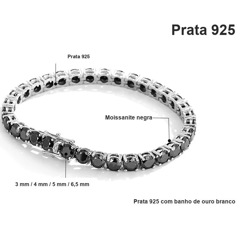 Pulseira riviera de moissanite negra de 3 a 6,5 mm em prata 925 com banho de ouro branco