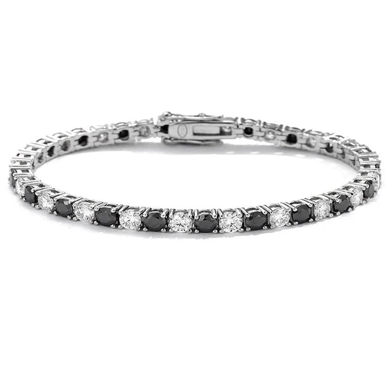 Pulseira riviera de moissanite preta e branca de 3 mm em prata 925