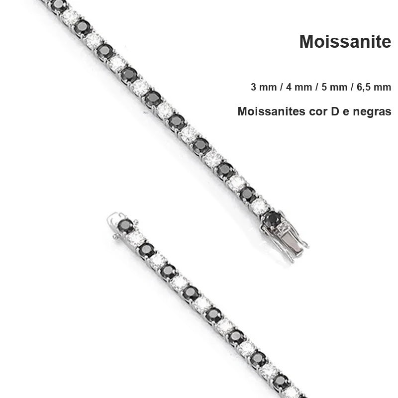 Pulseira riviera preta e branca: moissanites cor D e negras de 3, 4, 5 ou 6,5 mm