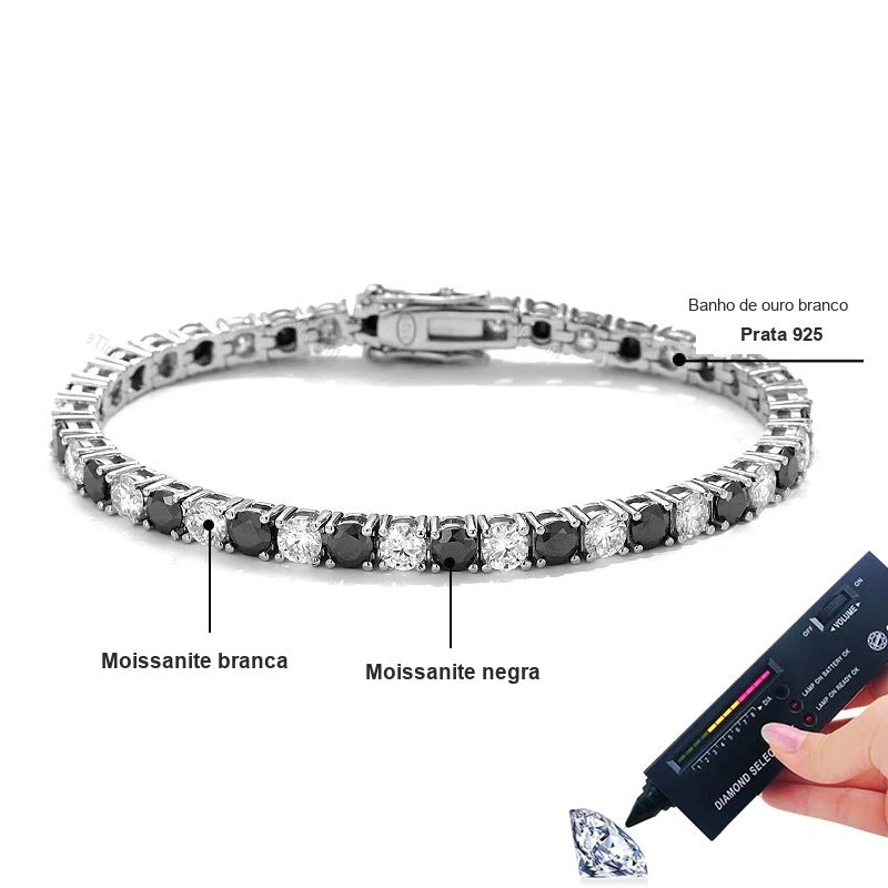 Pulseira riviera alternando moissanite branca e moissanite negra, prata 925 com banho de ouro branco