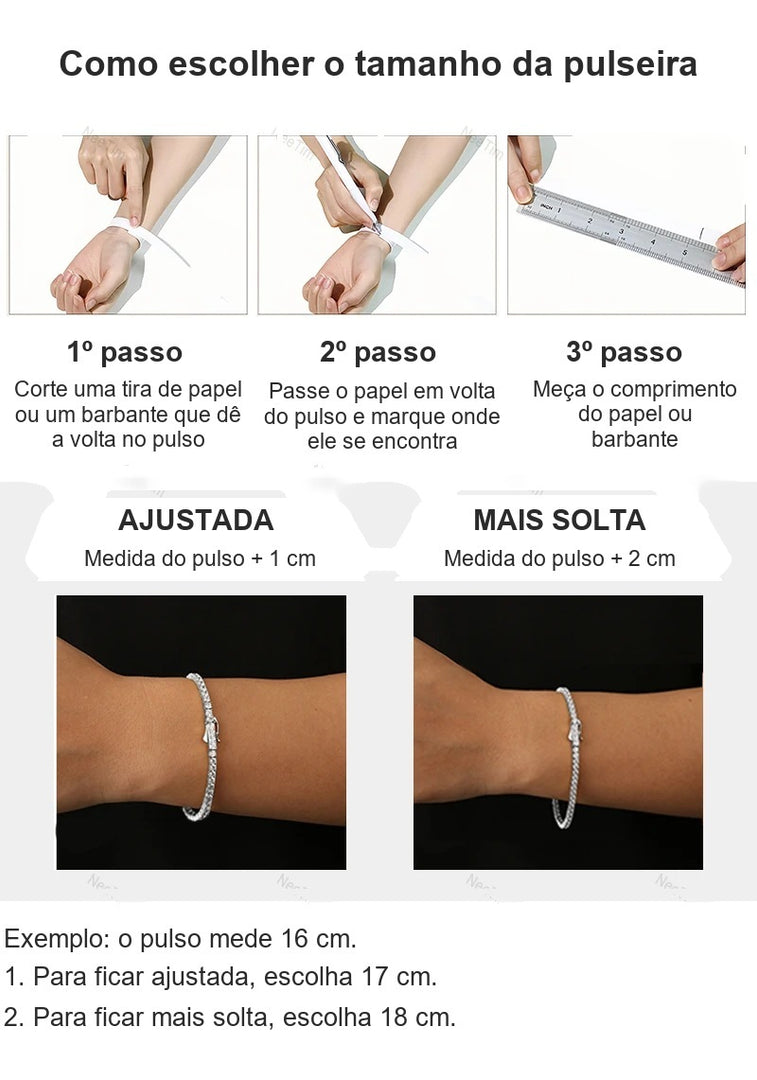 Guia de como medir o pulso para escolher o tamanho da pulseira tennis ajustável