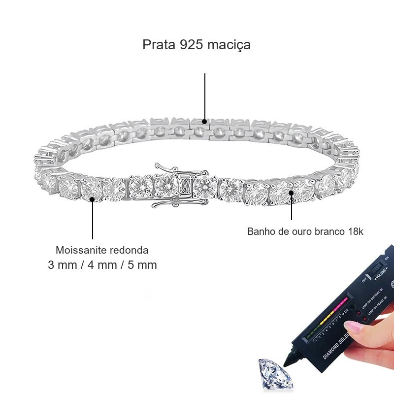 Pulseira tennis em prata 925 maciça com banho de ouro branco 18k e moissanites redondas de 3, 4 ou 5 mm