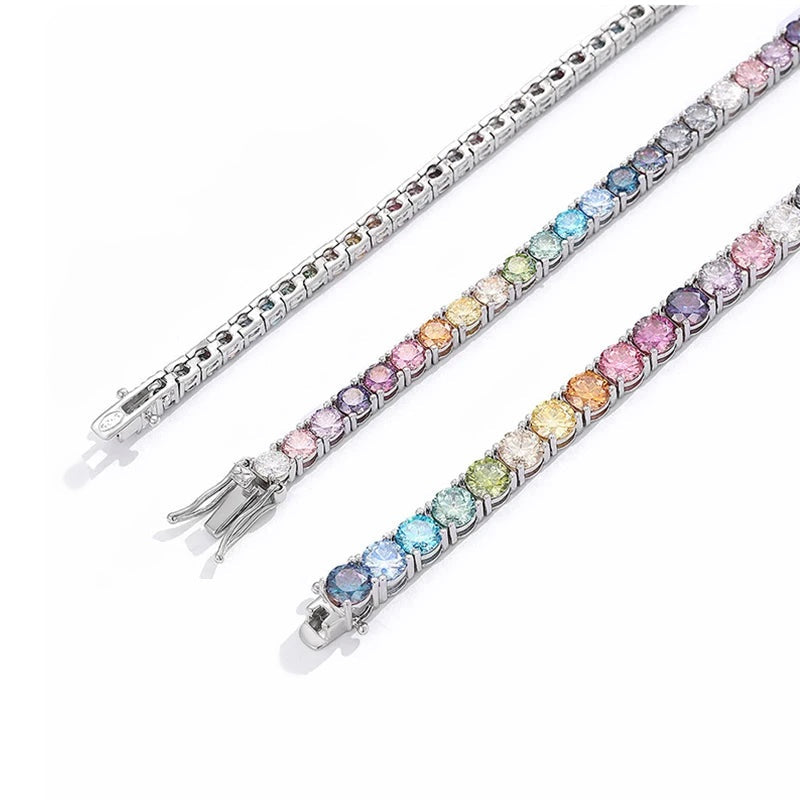 Pulseiras de moissanite colorida abertas mostrando o fecho