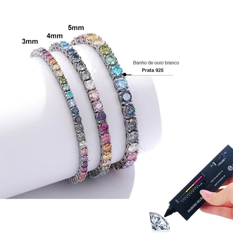 Pulseiras tennis multicolor de 3, 4 e 5 mm em prata 925 com banho de ouro branco