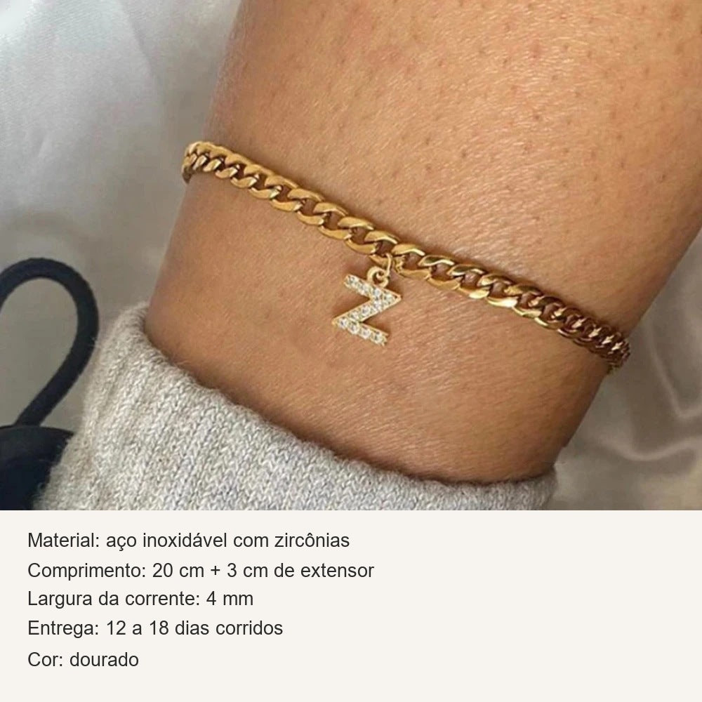 Medidas da tornozeleira com inicial: 20 cm + 3 cm, corrente de 4 mm, aço inoxidável com zircônias
